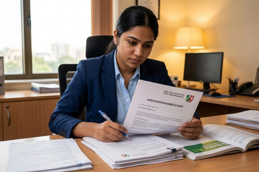 Indian nurse submitting documents for Berufsanerkennung nursing recognition in Germany