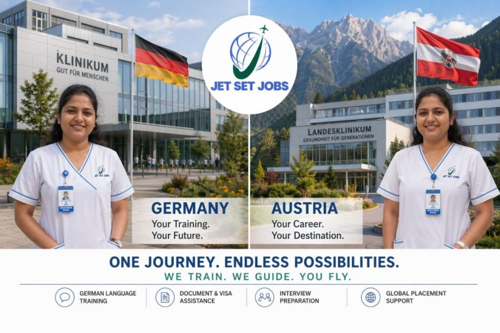 Indian nurse weighing Austria and Germany options with both country flags visible on a desk