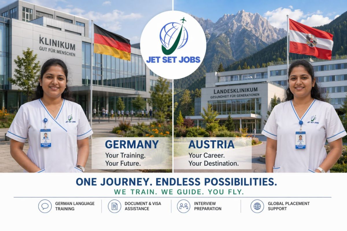 Indian nurse weighing Austria and Germany options with both country flags visible on a desk