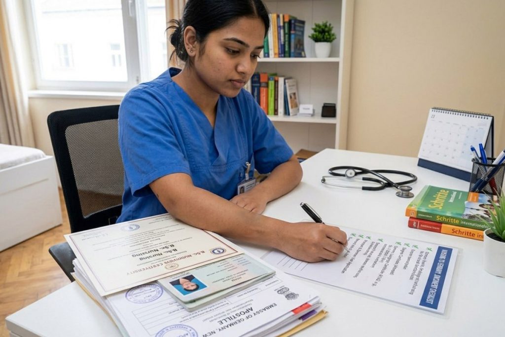 Indian nurse with a folder of apostilled documents ready for Germany nursing recognition application