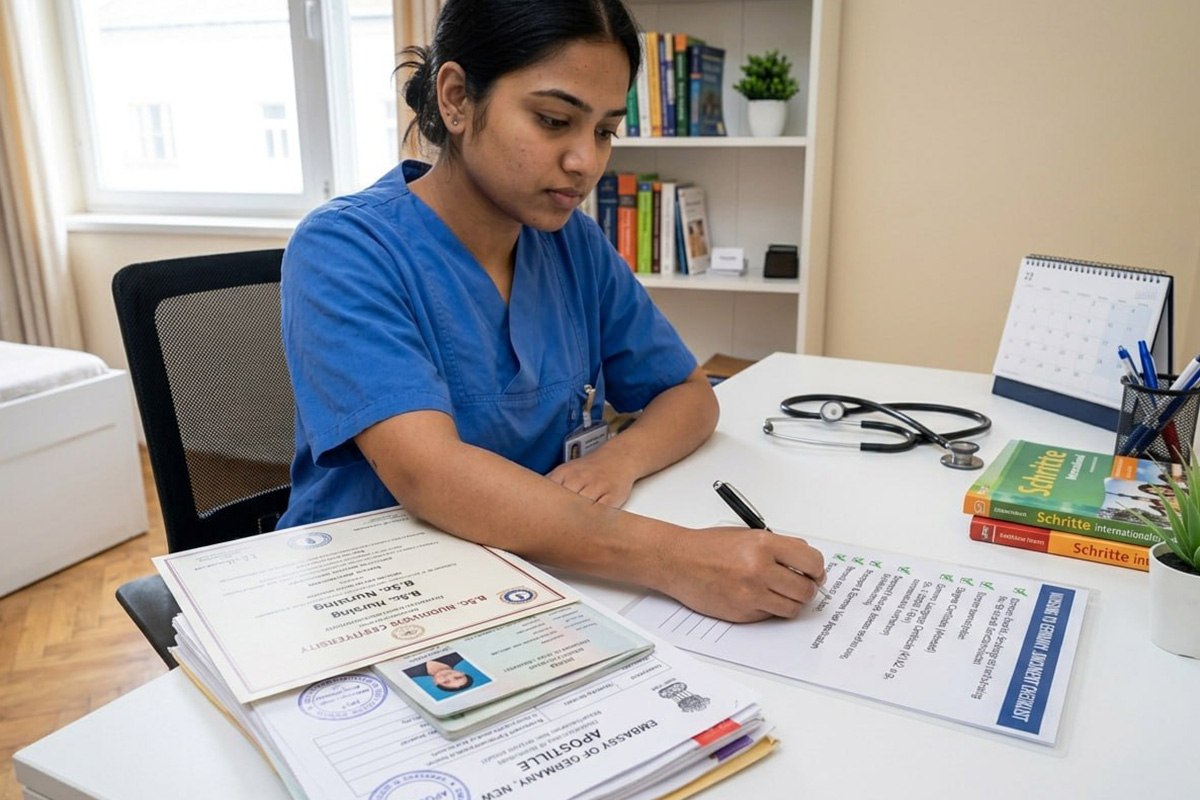 Indian nurse with a folder of apostilled documents ready for Germany nursing recognition application