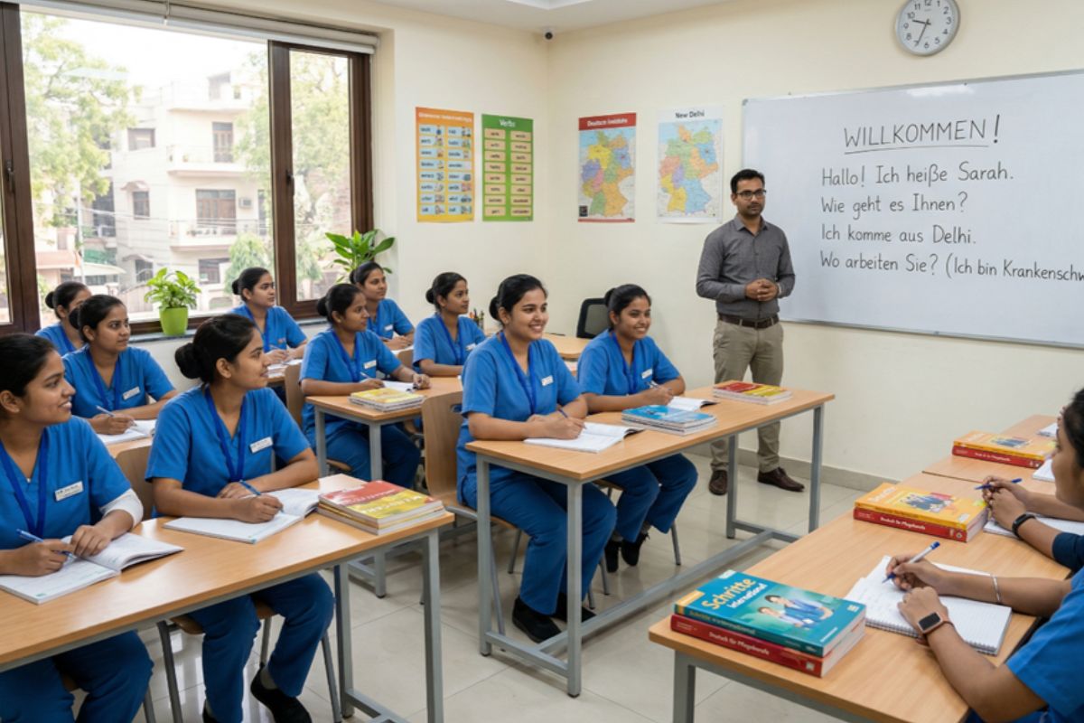 Jet Set Jobs German language training classroom in New Delhi with nurses and a trainer