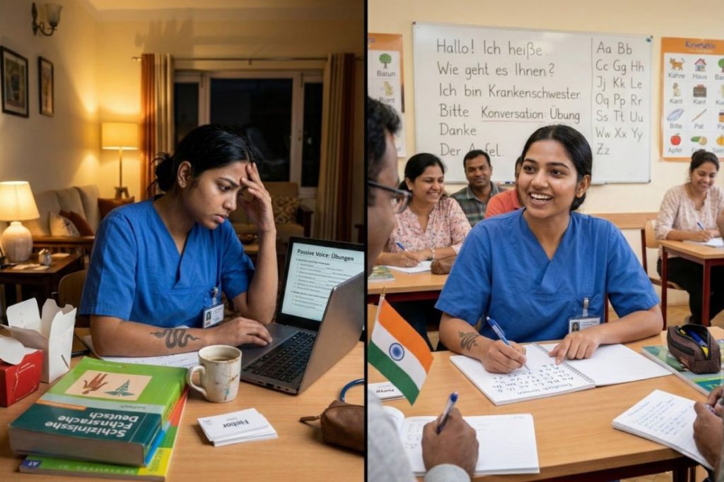 Side by side comparison of an online German class on laptop versus an offline classroom session