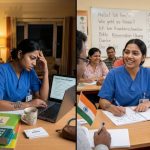 Side by side comparison of an online German class on laptop versus an offline classroom session