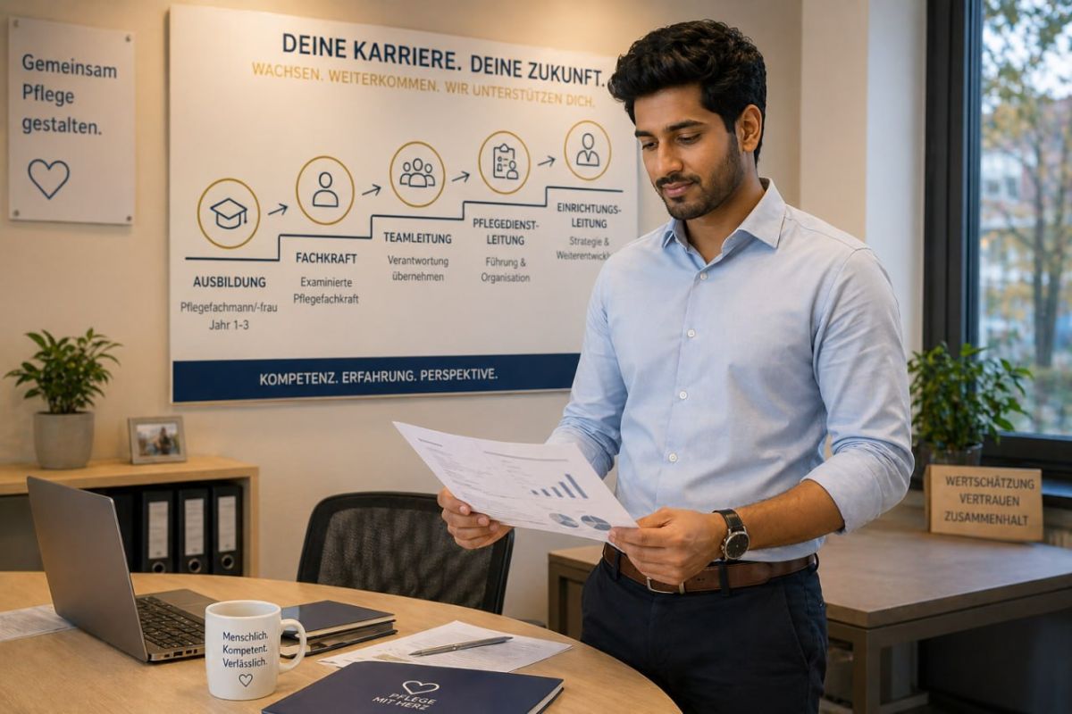 Young Indian professional in Germany at a hospital desk reviewing documents, confident expression, career progression chart visible in background