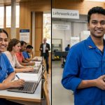 Two Indian students, one in work uniform and one in university setting, side-by-side comparison image