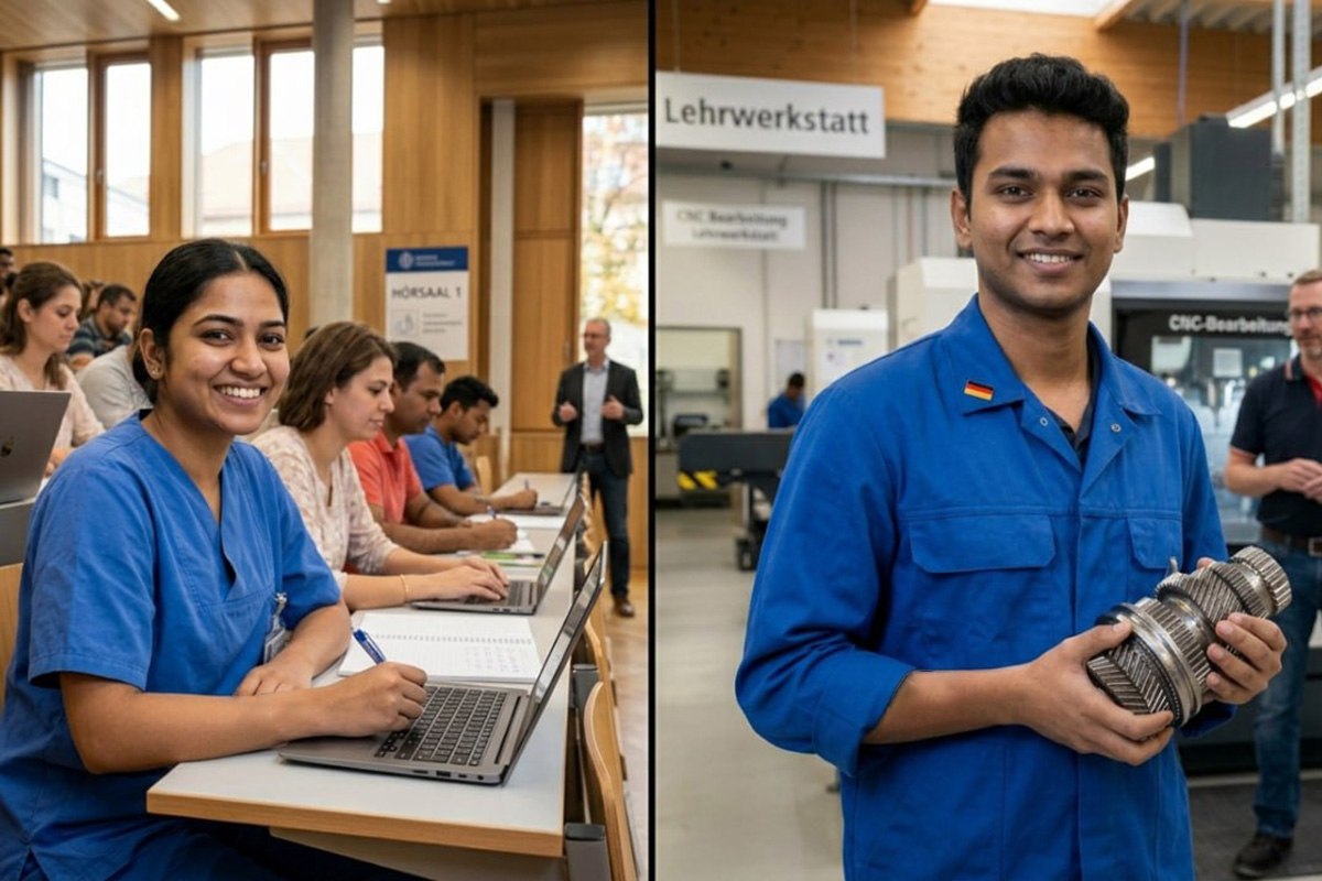 Two Indian students, one in work uniform and one in university setting, side-by-side comparison image