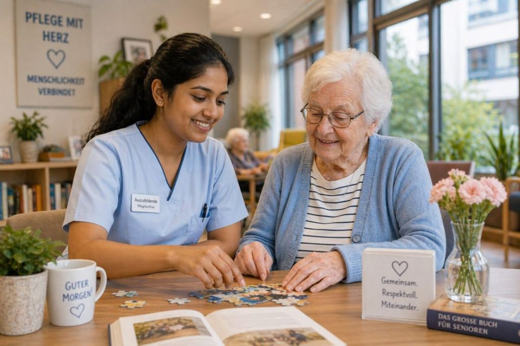 Young Indian Ausbildung trainee in a bright German care facility, smiling while assisting an elderly resident in a sunny common room