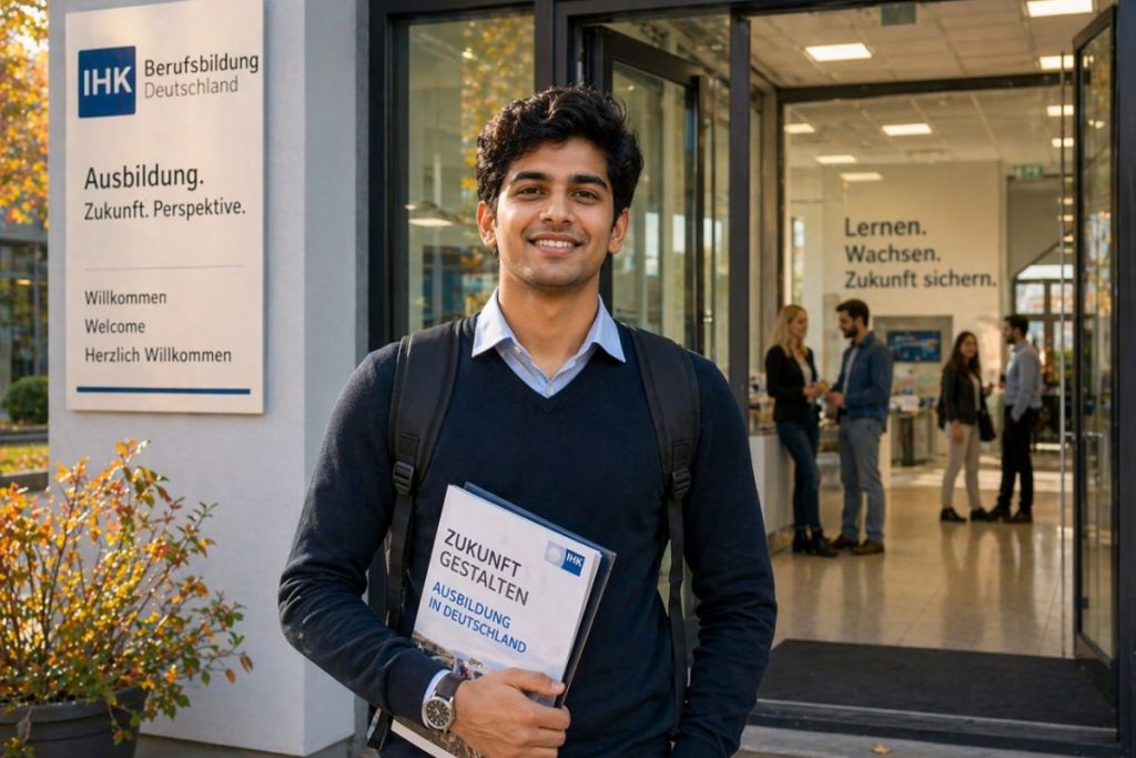 Young Indian male student aged 19 in professional training attire standing confidently at the entrance of a modern German training facility