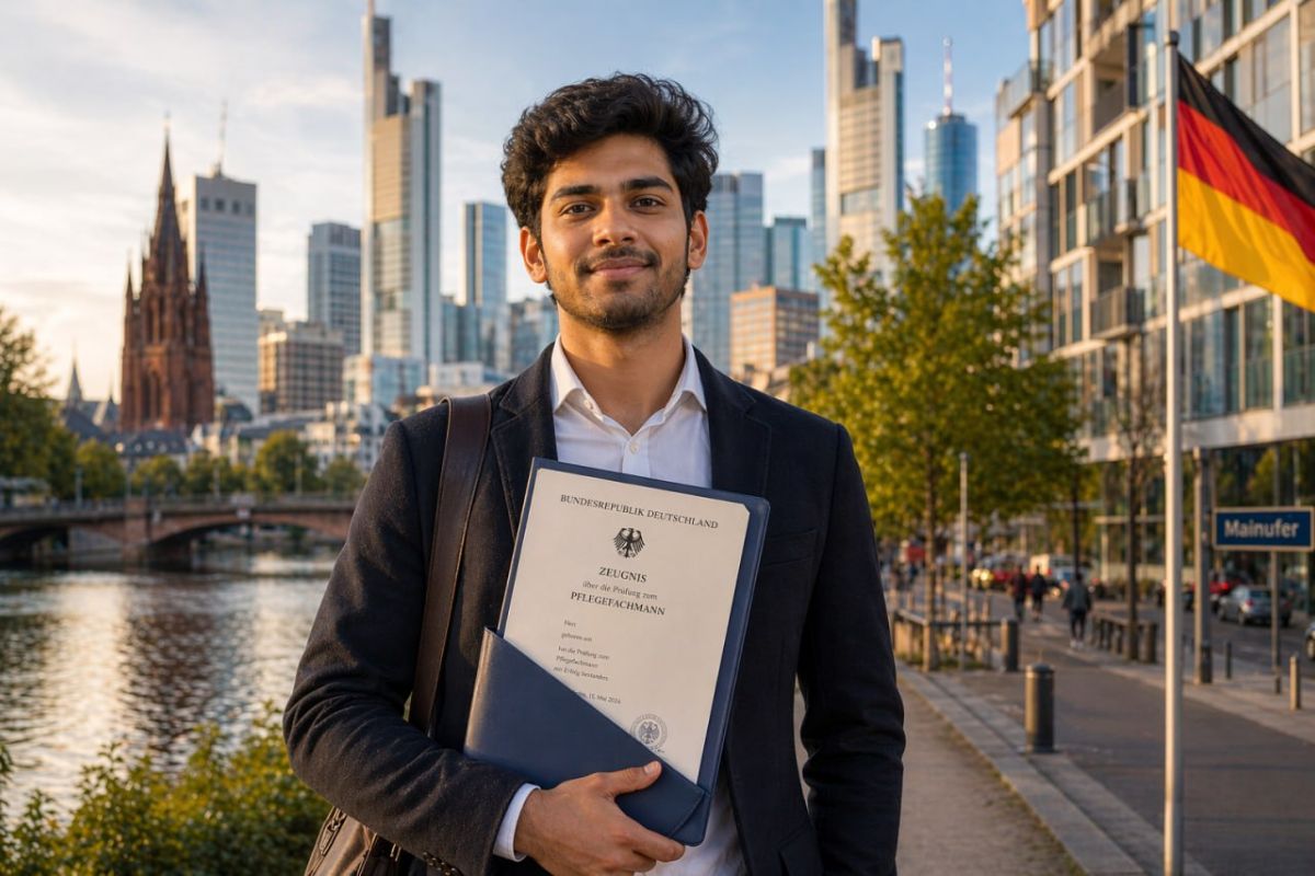 Young Indian professional aged 22 in Germany, holding a German qualification certificate, confident expression, modern city background