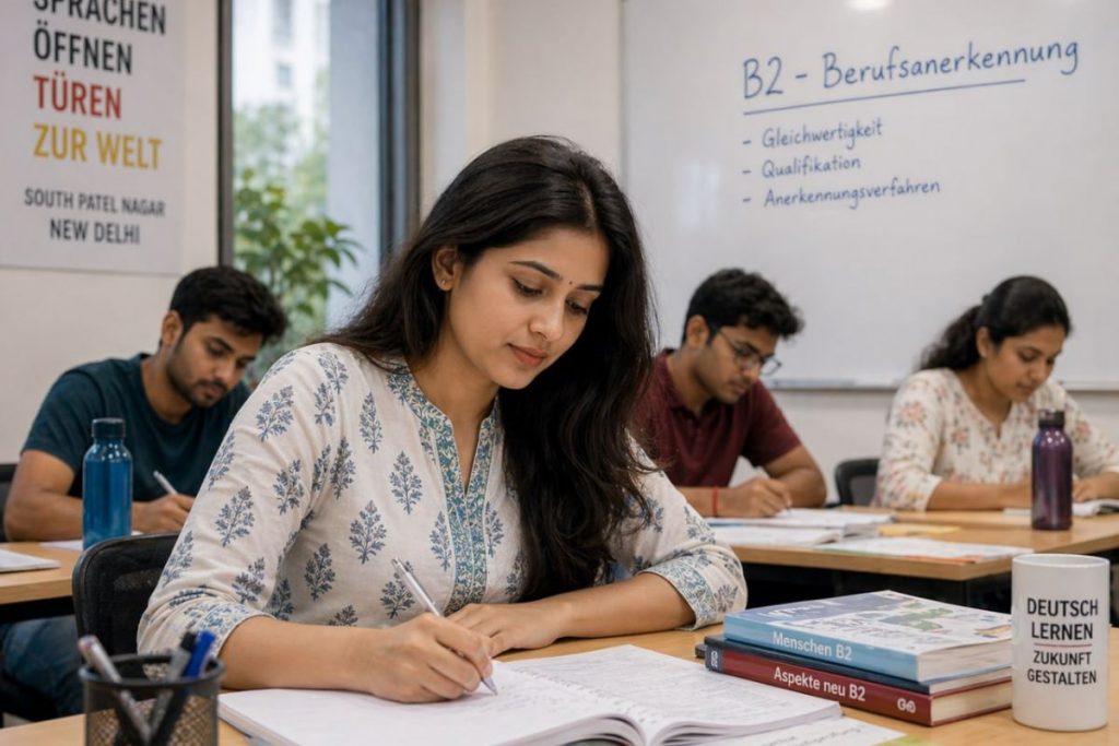 Young Indian professional attending a German language class near Karol Bagh Delhi at Jet Set Jobs
