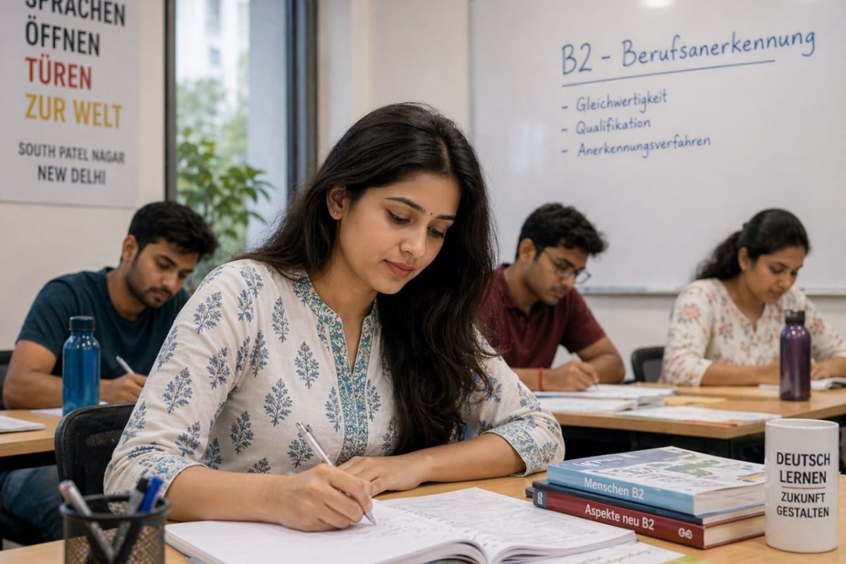 Young Indian professional attending a German language class near Karol Bagh Delhi at Jet Set Jobs