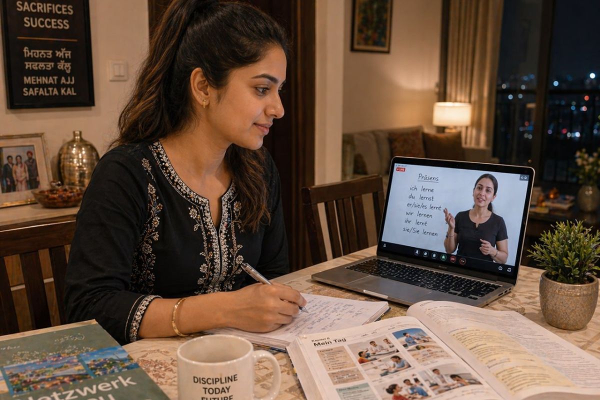 Young Indian professional studying German language at a coaching centre near Punjabi Bagh Delhi