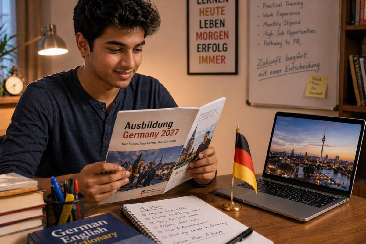 Young Indian student aged 18-19 holding a Germany Ausbildung brochure, looking excited and ambitious, bright study setting