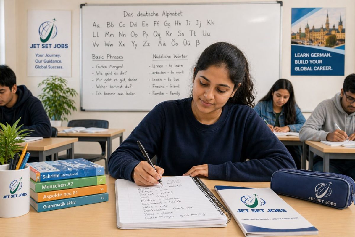 Young Indian student aged 18 studying German at a classroom desk, German alphabet and vocabulary on board behind them