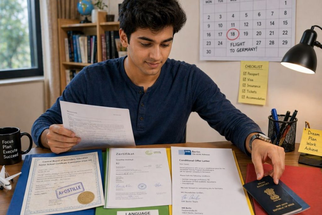 Young Indian student carefully organising Ausbildung application documents at a desk-passport, certificates, offer letter from Germany