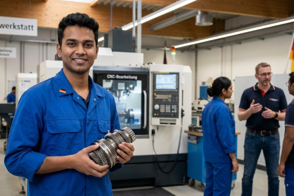 Young Indian student in a German vocational training facility, wearing work uniform, smiling confidently