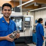 Young Indian student in a German vocational training facility, wearing work uniform, smiling confidently