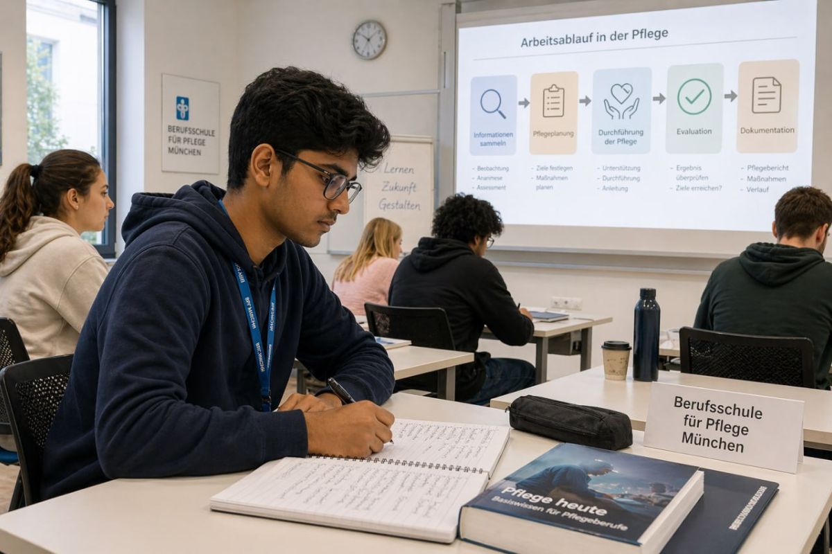 Young Indian student sitting in a bright German Berufsschule classroom, attentive, taking notes during a theory class