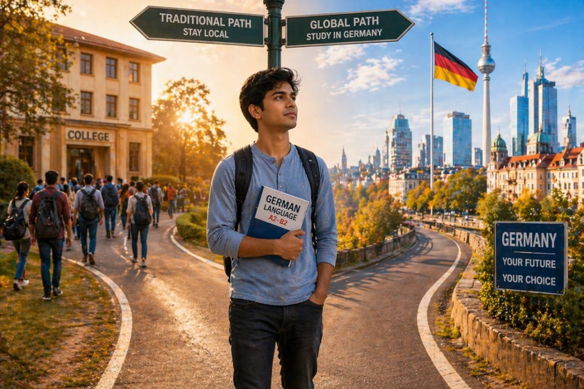 Young Indian student standing at a symbolic crossroads-one path leads to an Indian college campus, the other to a modern German city