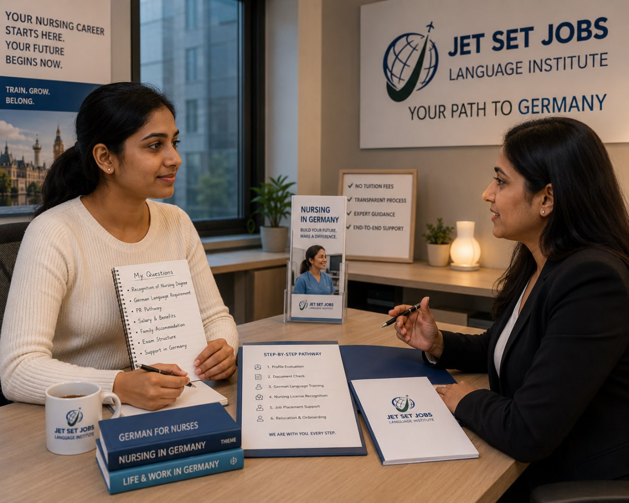 Indian nurse sitting confidently across a desk from a recruitment counsellor, holding a notepad with questions written on it