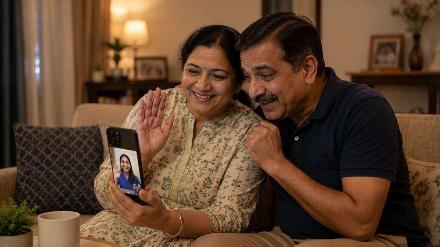 Indian parents reading a letter together at home, thoughtful expressions, warm home lighting, a phone nearby showing a video call with their daughter