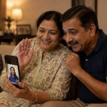 Indian parents reading a letter together at home, thoughtful expressions, warm home lighting, a phone nearby showing a video call with their daughter
