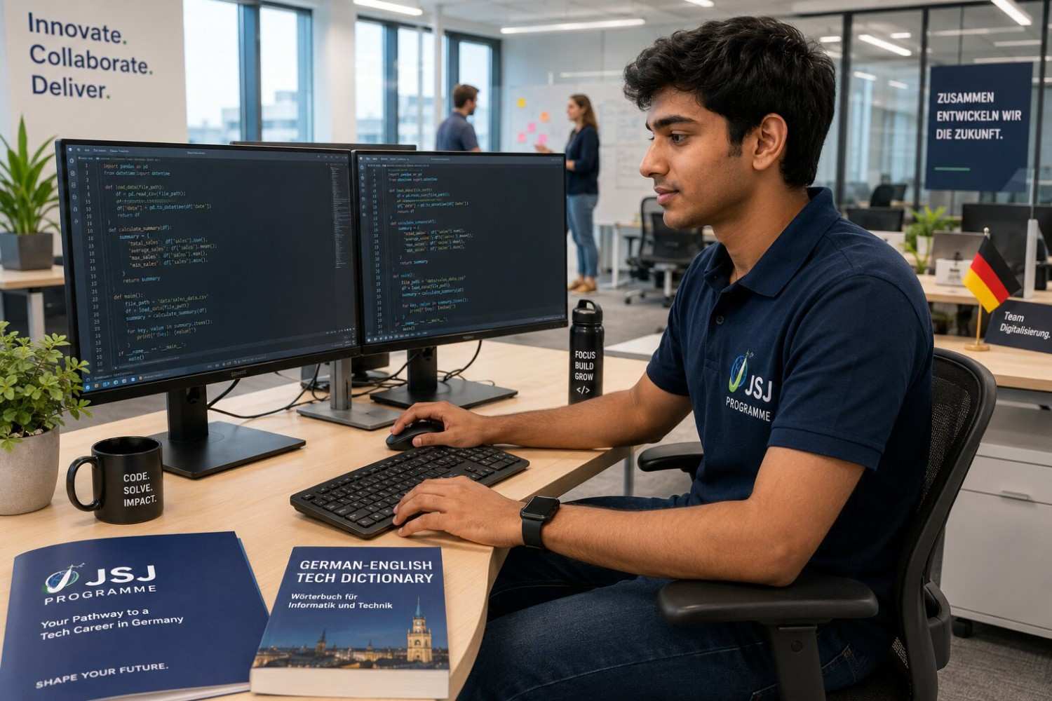 Young Indian IT Ausbildung trainee in Germany at a modern tech company office working on code at a dual-screen setup, focused and professional