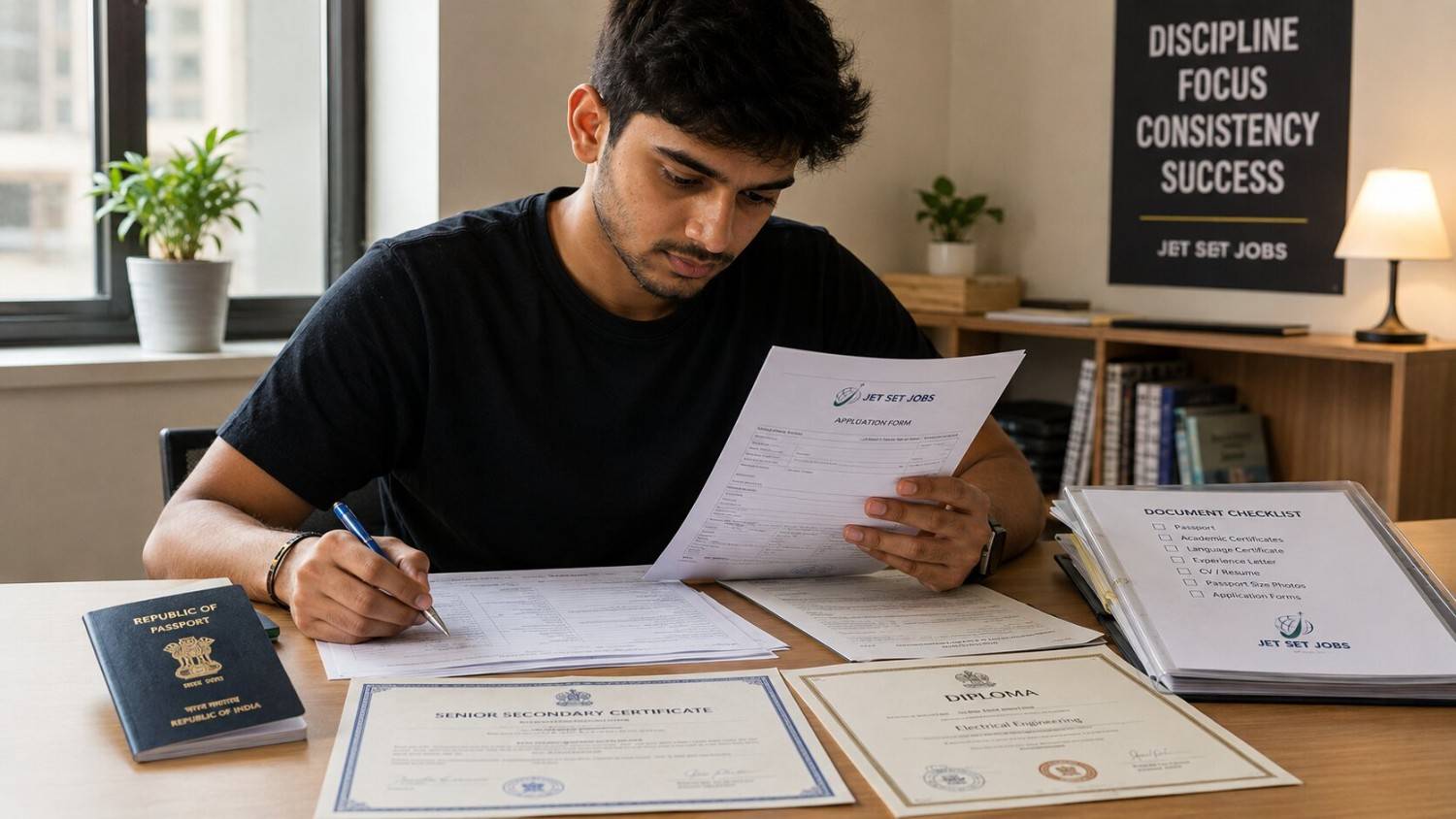 Young Indian student looking at a laptop screen with concentration, preparing visa documents for Germany Ausbildung application