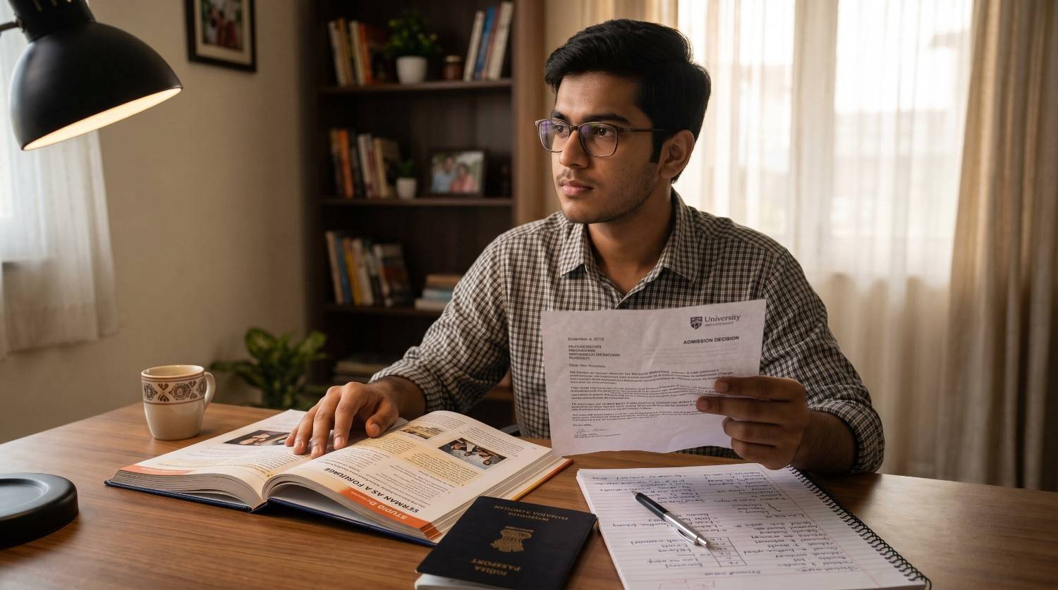 Young Indian student sitting calmly with documents in front of them, looking thoughtful and determined after a setback