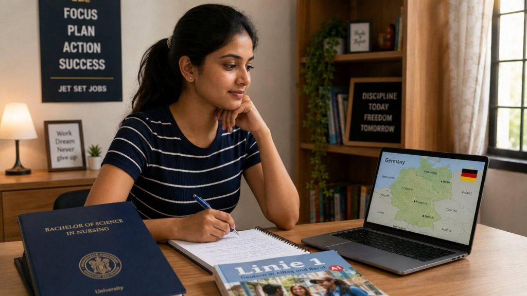 Indian graduate in casual clothes looking thoughtfully at a laptop with Germany information, considering Ausbildung options
