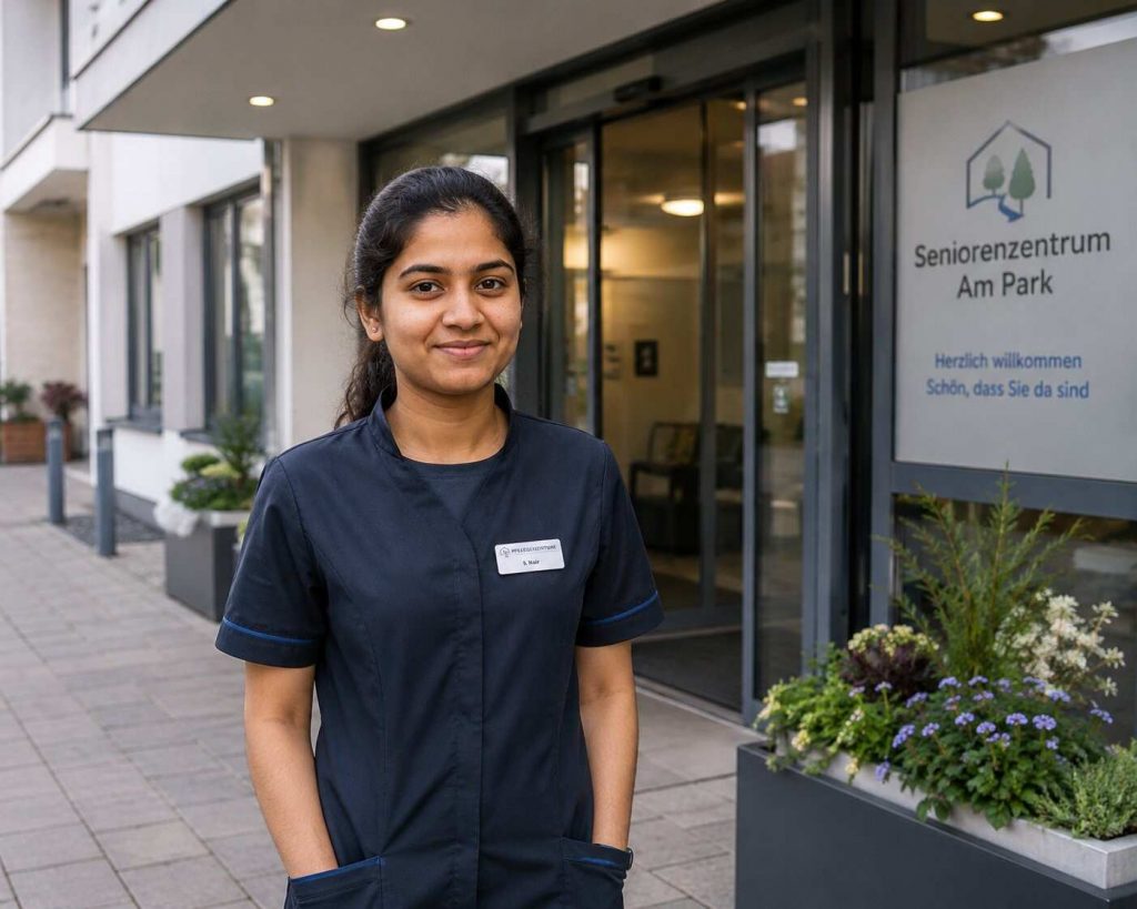 A confident young Indian female Ausbildung candidate in professional attire standing outside a modern facility in Germany