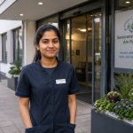 A confident young Indian female Ausbildung candidate in professional attire standing outside a modern facility in Germany