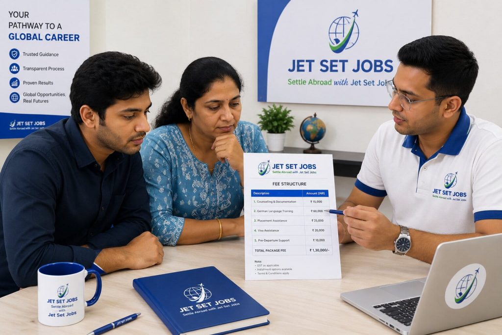 Young Indian student reviewing financial documents on a laptop, preparing for Germany Ausbildung visa application
