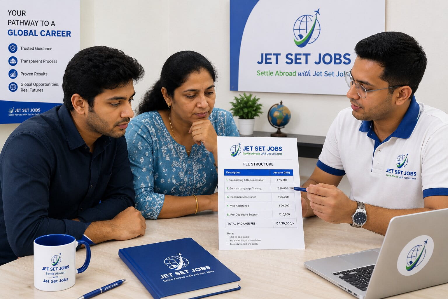 Young Indian student reviewing financial documents on a laptop, preparing for Germany Ausbildung visa application