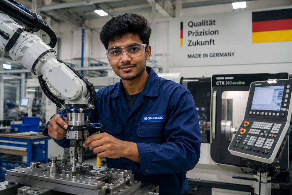 Young Indian couple looking at a laptop and documents together, planning their Germany Ausbildung journey