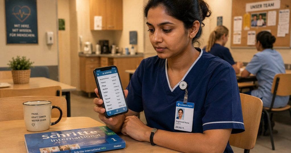 Indian nurse in nursing uniform studying a German textbook on her phone during a break, hospital setting background, focused expression