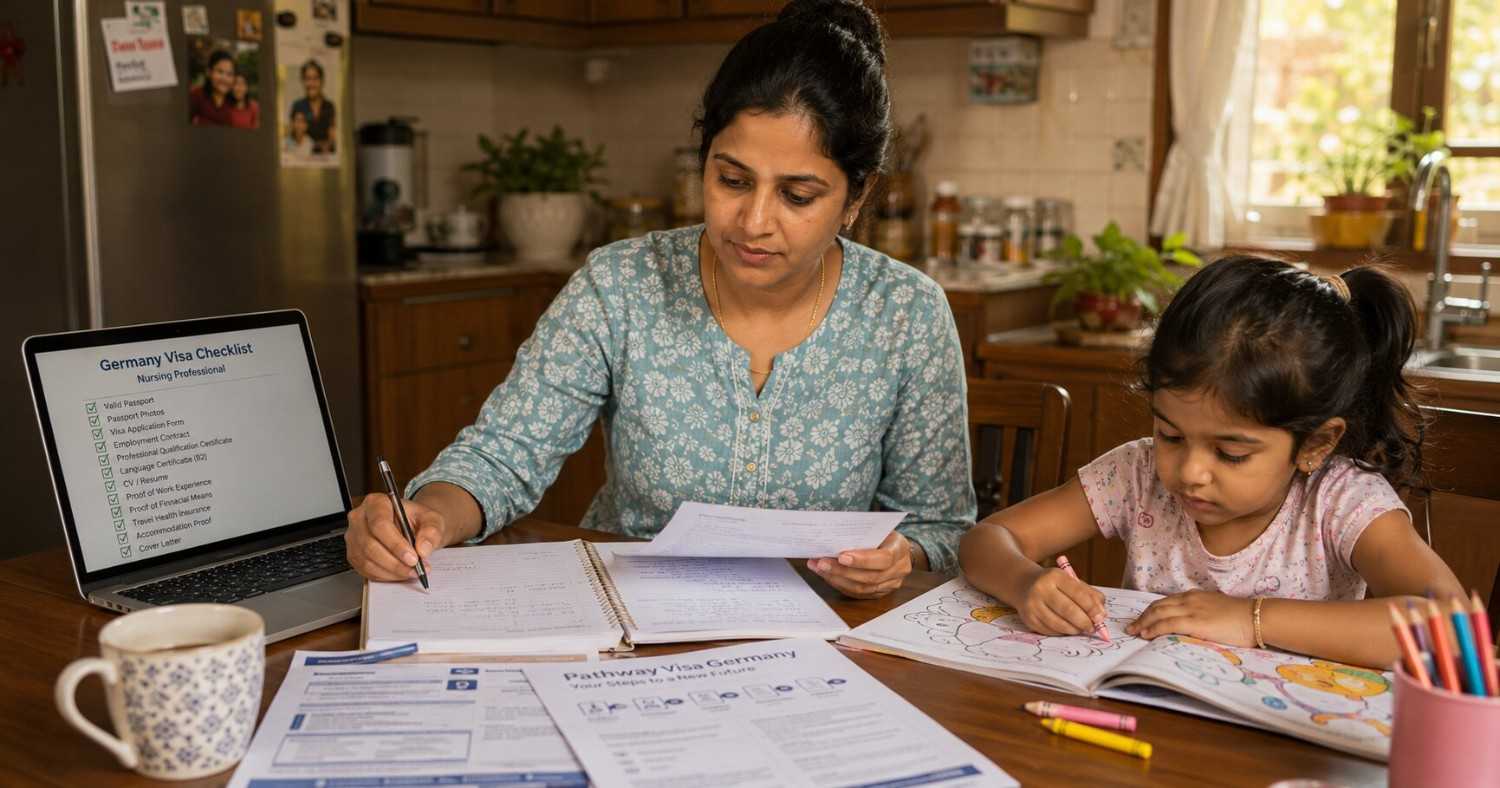 Indian nurse with a young child sitting at a kitchen table, reviewing documents, warm home setting, planning expression, natural light