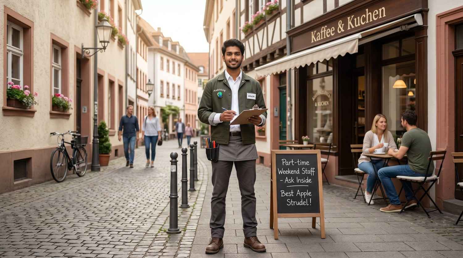 Young Indian Ausbildung student in work uniform smiling confidently, representing financial independence through the Ausbildung stipend