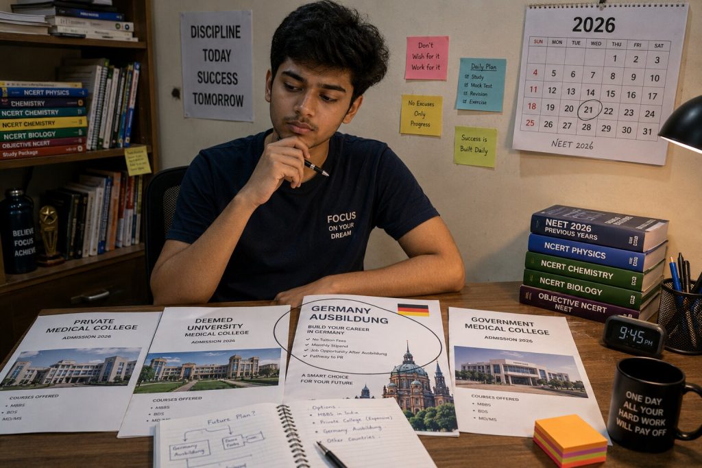 Indian Class 12 Science student sitting at a desk with multiple career option brochures spread in front, thoughtfully making a decision, Germany brochure visible