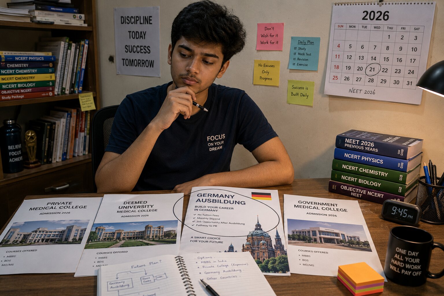 Indian Class 12 Science student sitting at a desk with multiple career option brochures spread in front, thoughtfully making a decision, Germany brochure visible