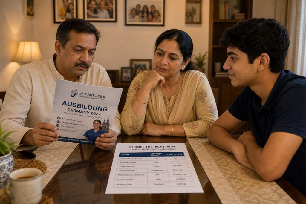 Indian parents sitting with their 18-year-old child at a dining table reviewing a Germany Ausbildung brochure, serious and engaged family conversation