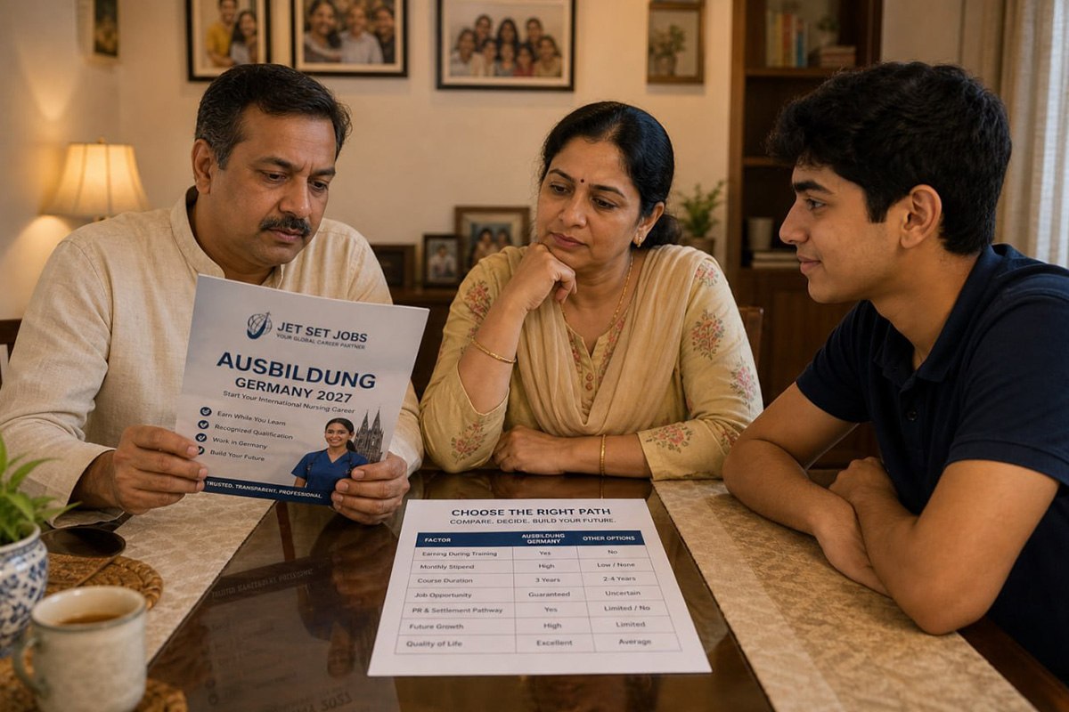 Indian parents sitting with their 18-year-old child at a dining table reviewing a Germany Ausbildung brochure, serious and engaged family conversation