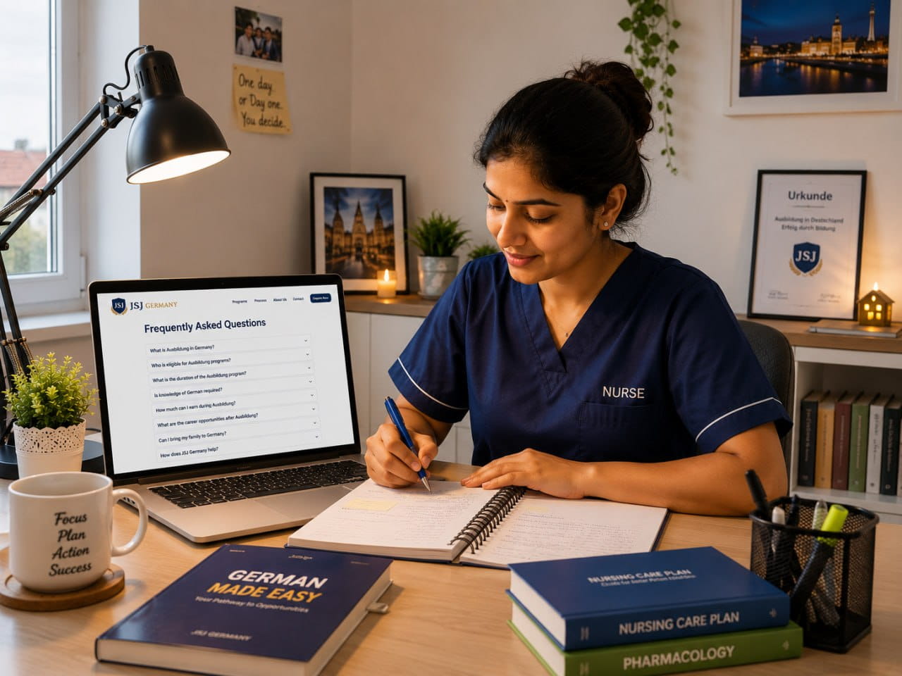 Indian nurse reading a FAQ document about working in Germany at a study desk