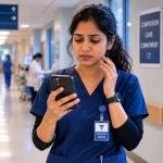 Indian nurse at a German hospital desk looking at her phone with concern, colleagues in background, urgent but composed expression, clinical setting
