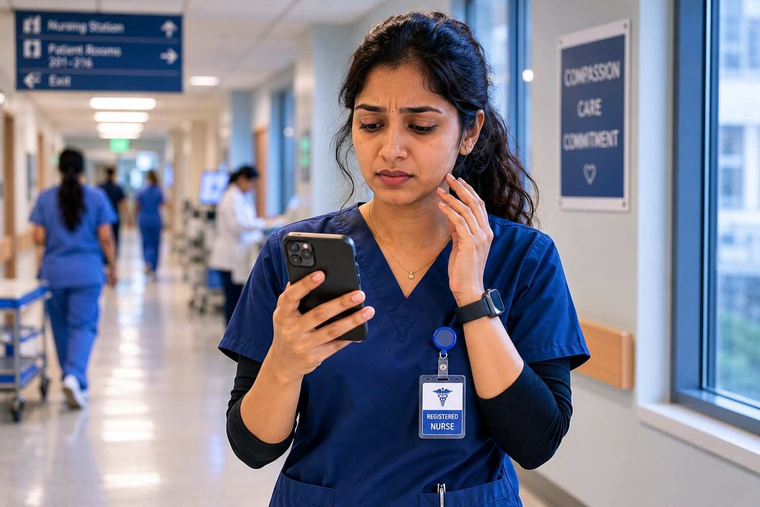 Indian nurse at a German hospital desk looking at her phone with concern, colleagues in background, urgent but composed expression, clinical setting