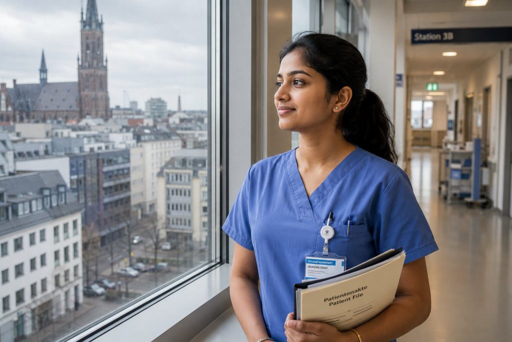 Image Alt Text Young Indian nurse in Germany looking out of a hospital window on her first week at work, reflective mood