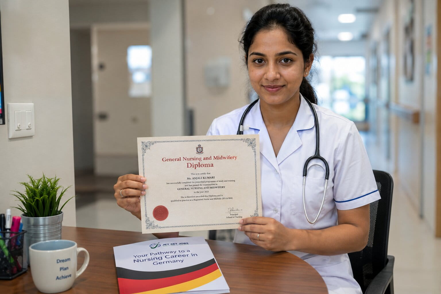 Indian GNM nurse holding her diploma certificate, looking at a Germany hospital brochure, natural light, hopeful expression