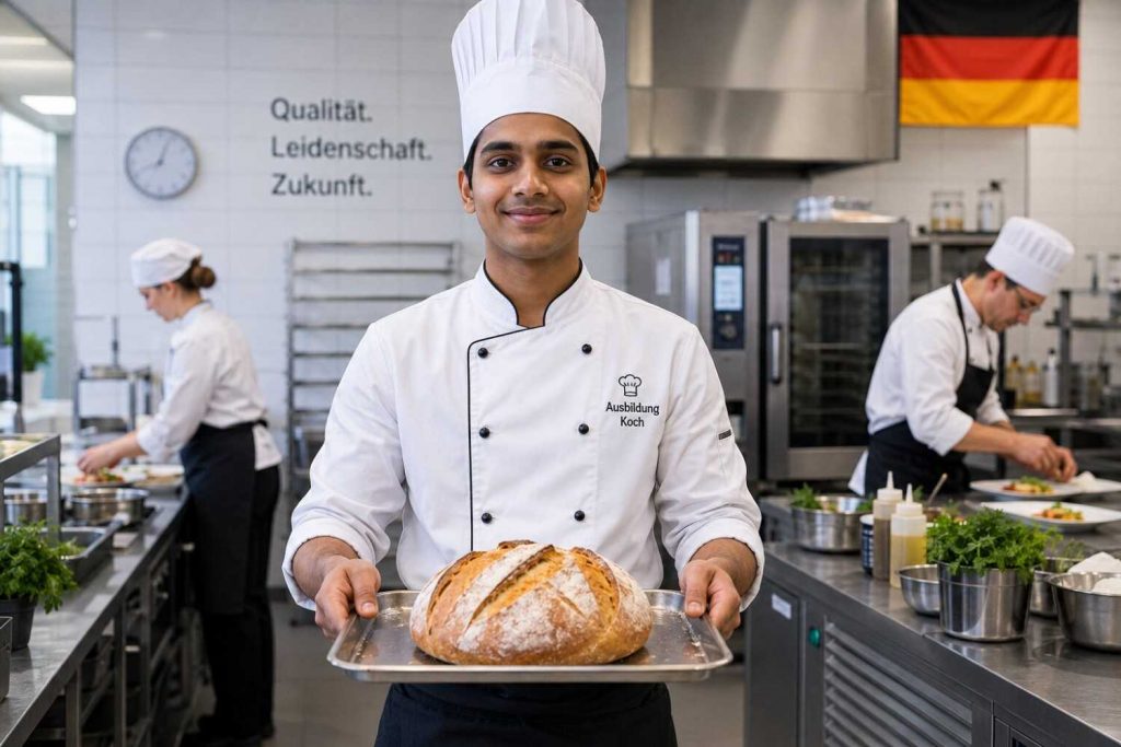 Young Indian student in a professional kitchen in Germany, wearing a chef uniform and smiling confidently