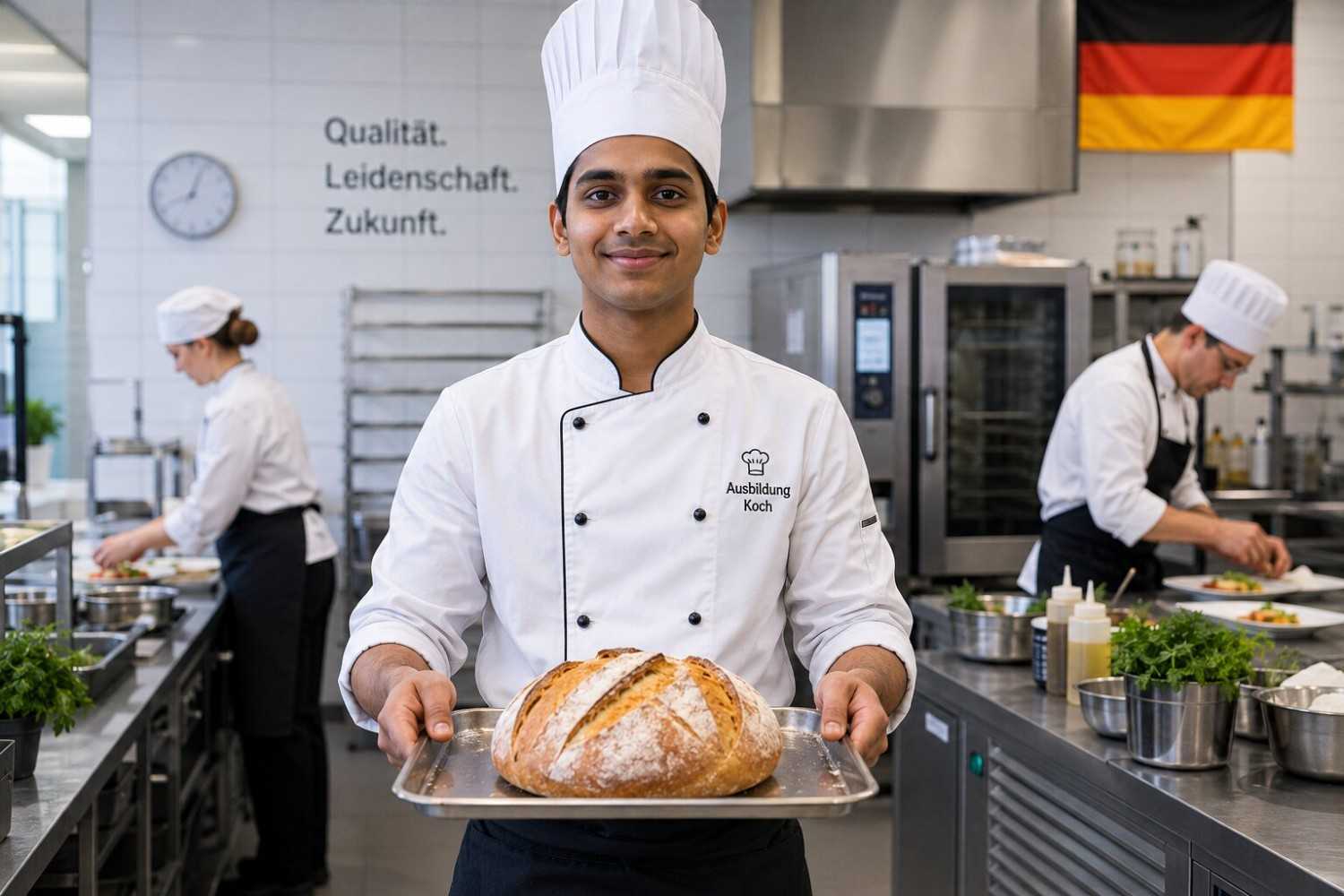 Young Indian student in a professional kitchen in Germany, wearing a chef uniform and smiling confidently